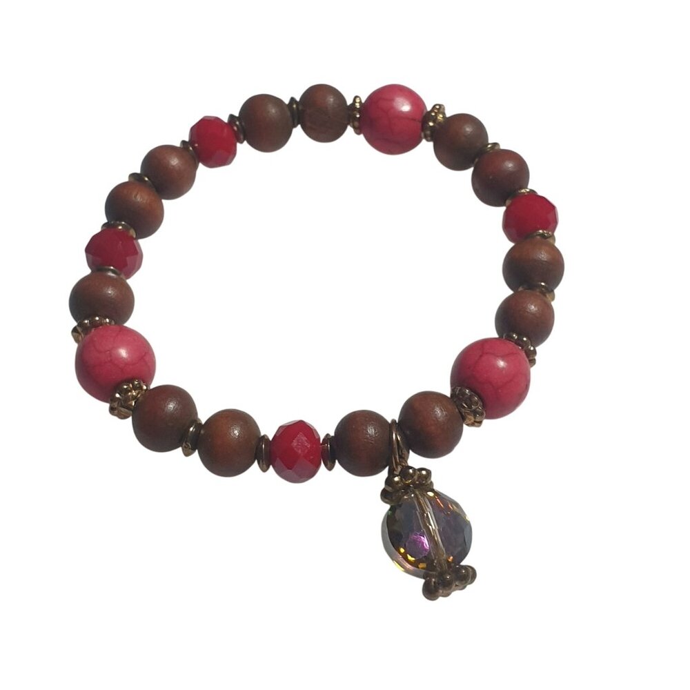 Wood Bead Pink Red Glass Charm Bracelet Handmade Stretch Adjustable Elegant Jewe